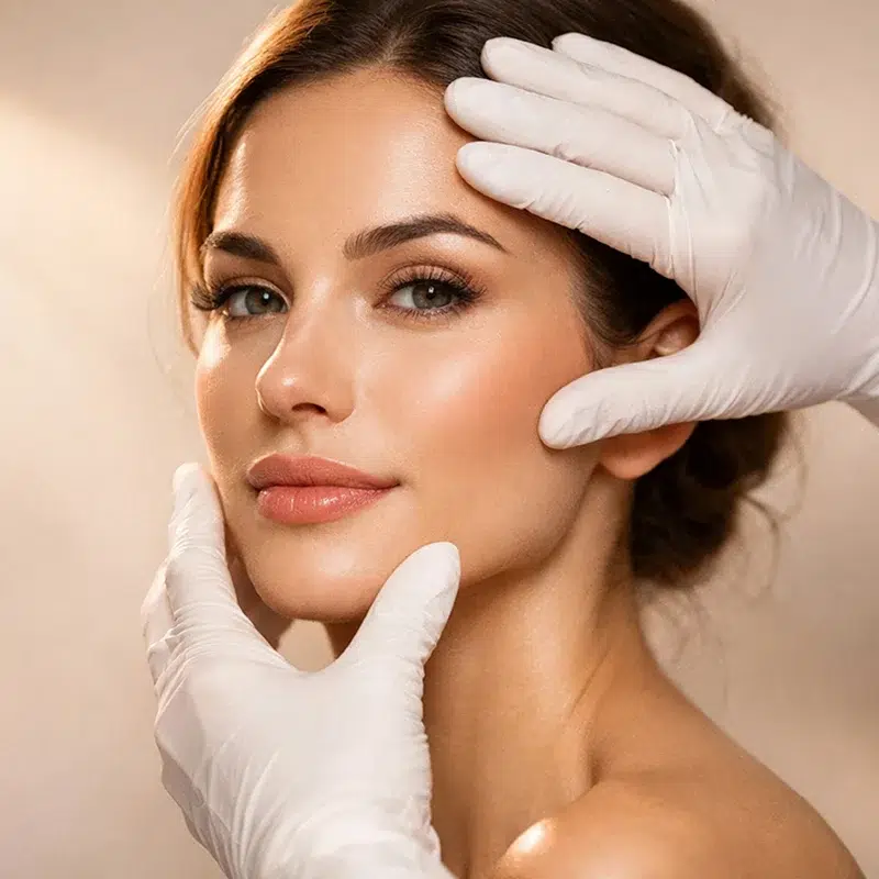 Professional aesthetician in white gloves examining a woman's facial skin for a cosmetic consultation or treatment.