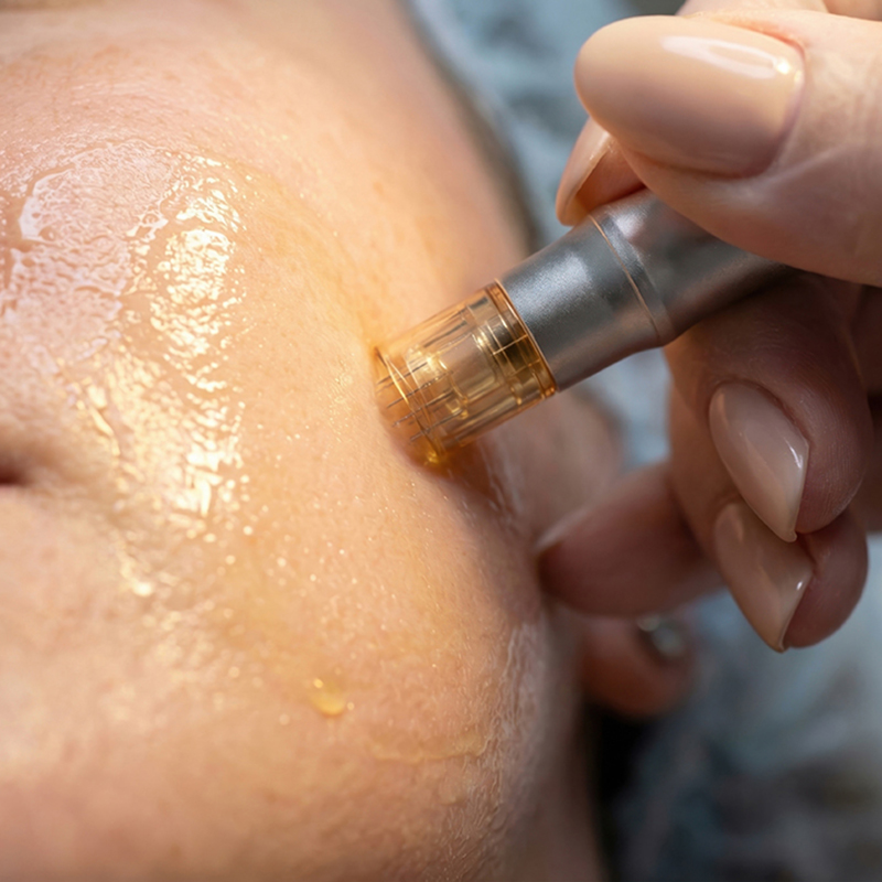 Professional microneedling treatment on a patient's cheek with a digital pen and topical serum.